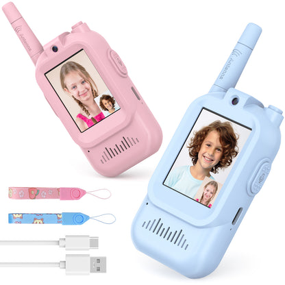 Walkie Talkies for Kids Pack of 2, Rechargeable Long Range Two Way Radios Toys for Boys Girls Age 3-5, Outdoor Adventure Camping Hiking, Birthday with Pink Blue Design
