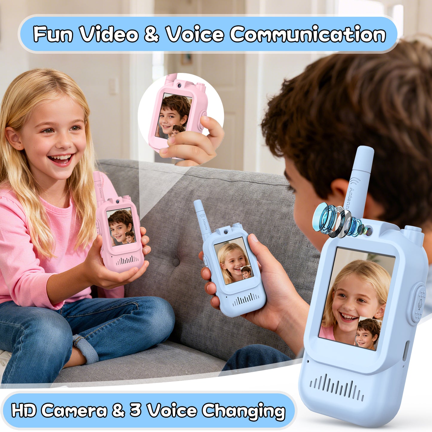Walkie Talkies for Kids Pack of 2, Rechargeable Long Range Two Way Radios Toys for Boys Girls Age 3-5, Outdoor Adventure Camping Hiking, Birthday with Pink Blue Design